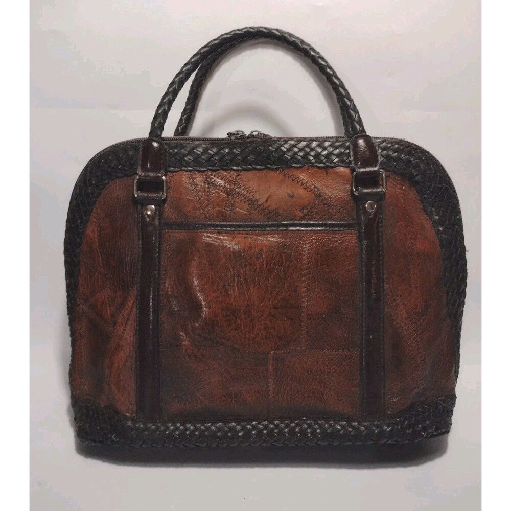 Vintage Faux Leather Brown Distressed And Patchwork Braided Handbag